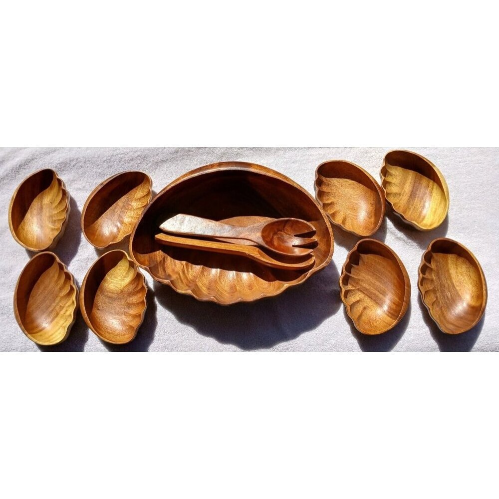 Wooden Salad Bowl 11 Pc Set VTG MCM Sea Clam Shell Shaped W/Servers Hawaiin #SB
